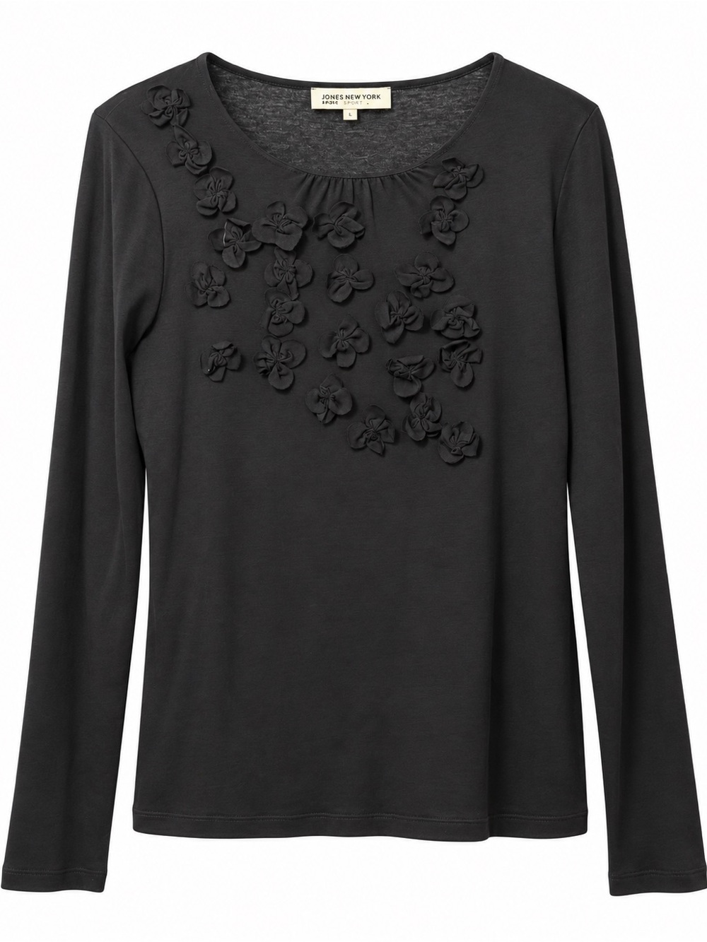 Jones New York Black Long-Sleeve Floral Appliqué Tee